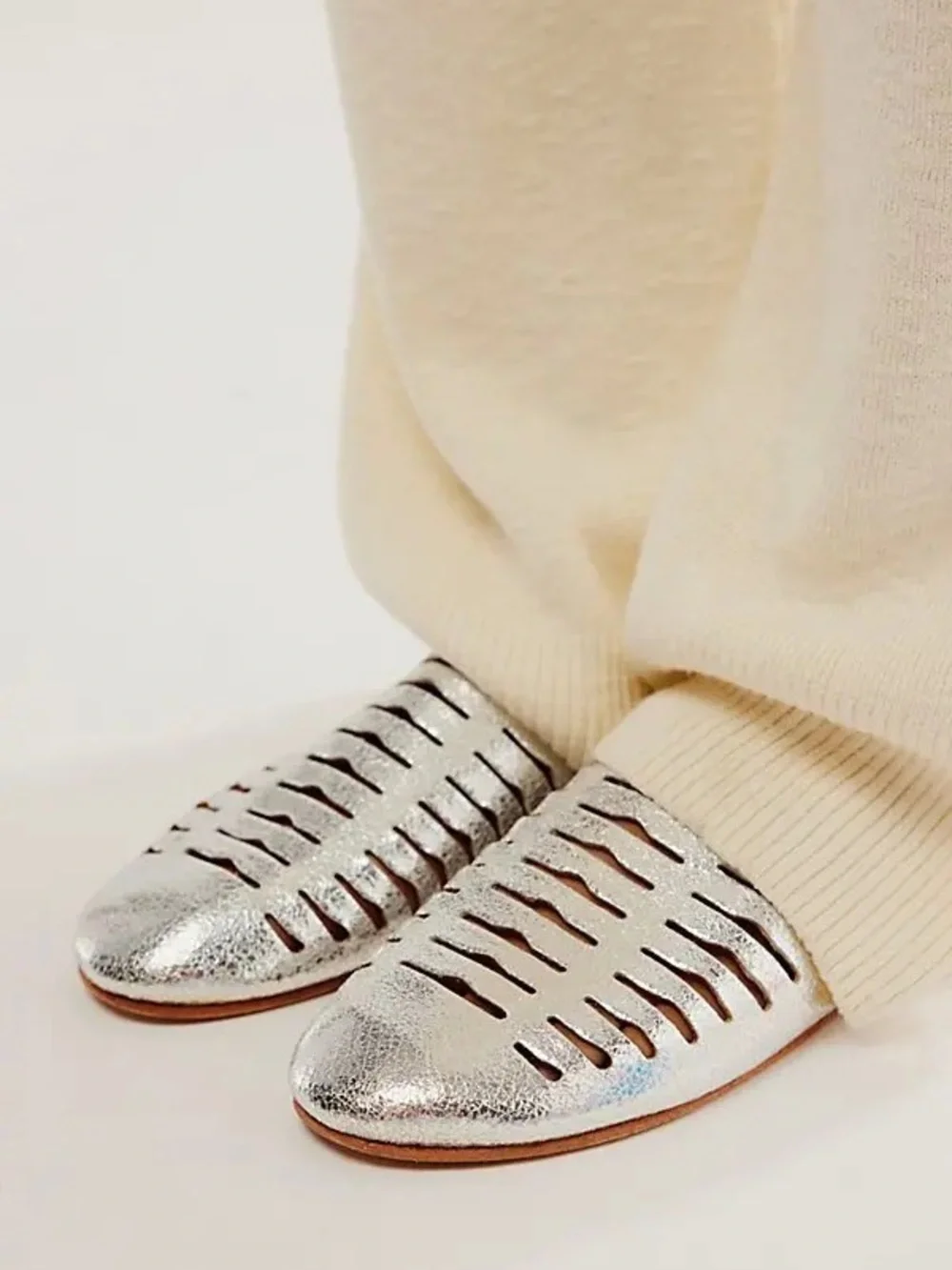 Free People Slice of Sun Silver Leather Cutout Mule Flats - Size 7.5 NWT